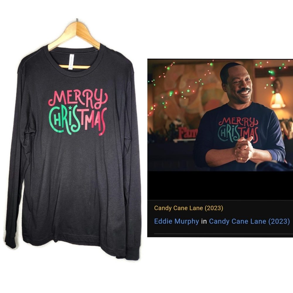Worn by Eddie Murphy on Candy Cane Lane Black Long Sleeve T-Shirt Size L